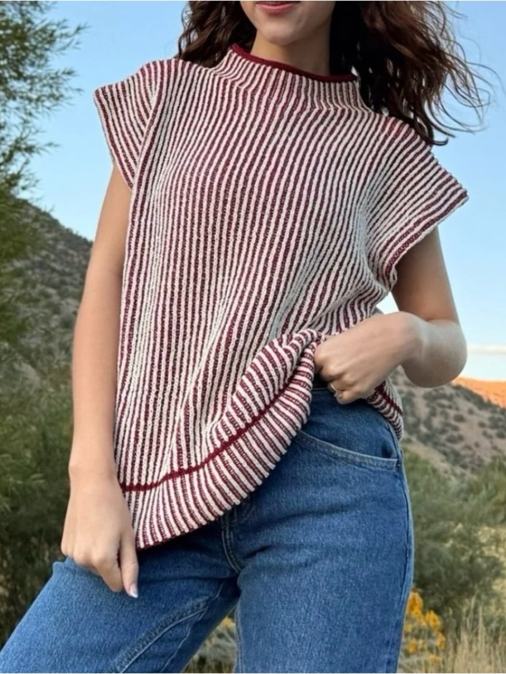NewIn Striped Mock Neck Cap Sleeve Knit Top Fall Layering Burgundy Sweater L - Picture 1 of 7